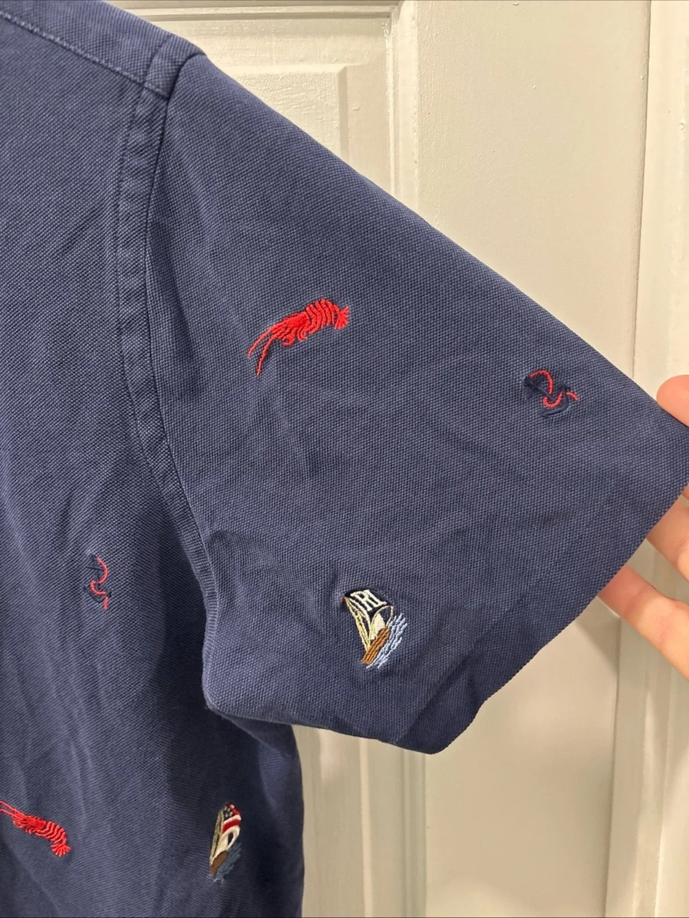 Ralph Lauren Men’s Navy Knit Oxford Polo Size M Nautical Lobsters Preppy EUC